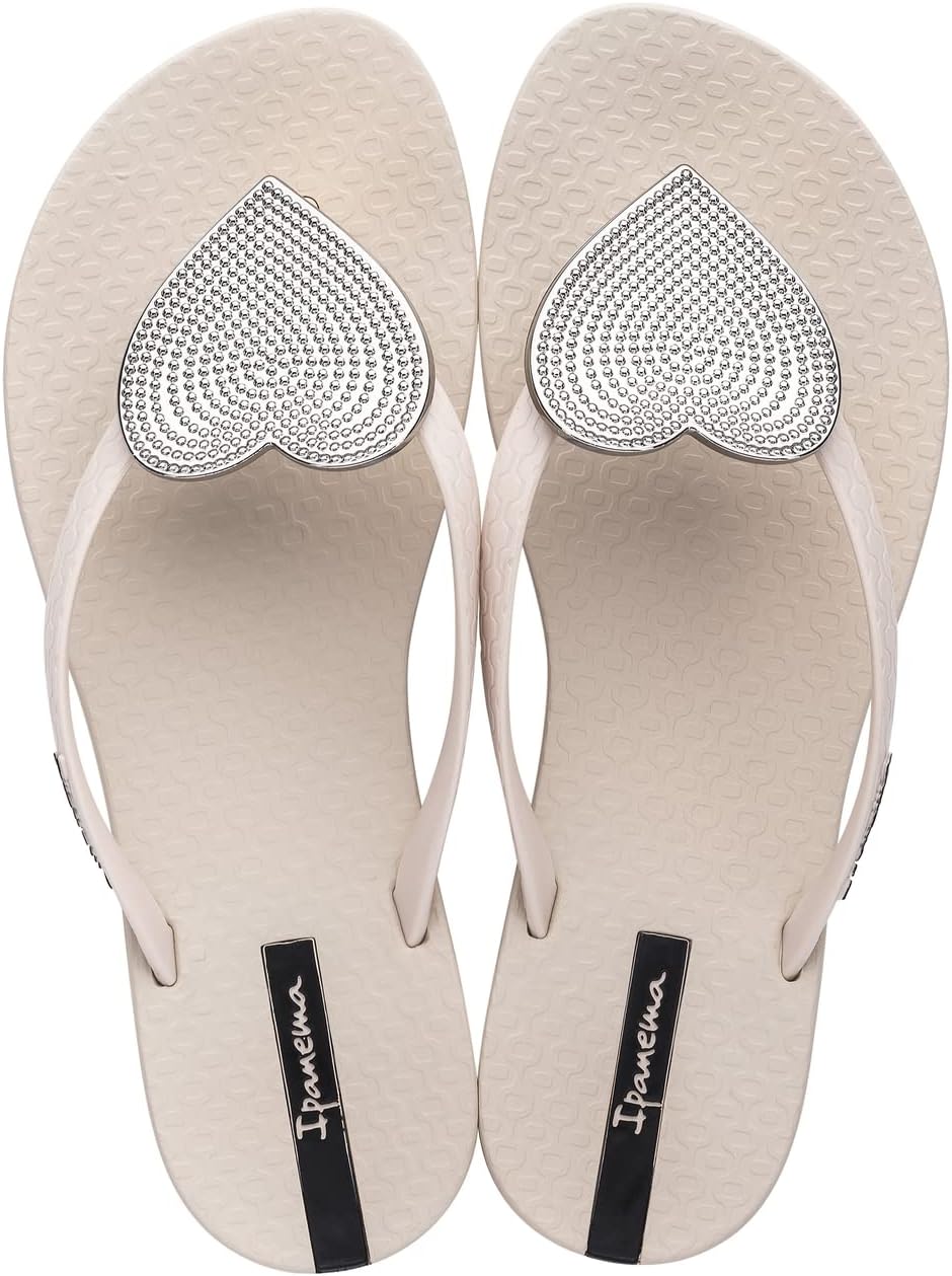 ipanema damen-flip-flop „wave heart – bequeme und stylische sommersandale mit metallischer herzverzierung anatomischem fußbett und rutschfester sohle beige und silber größe 5 flip-flops